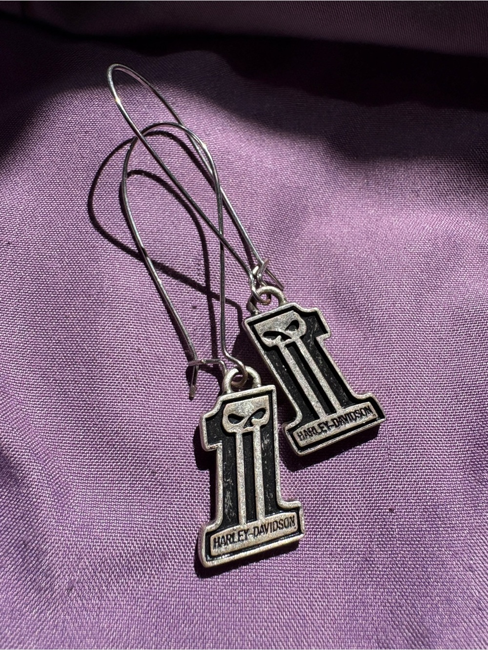 Authentic Harley-Davidson Blackened Silver Skull and Number 1 Dangle Earrings